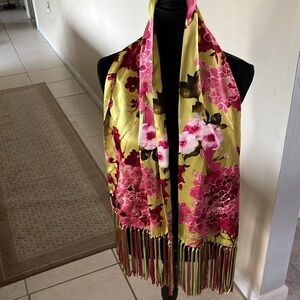 Jana Kos satin floral blossom scarf pink chartreuse green print tassel fringe